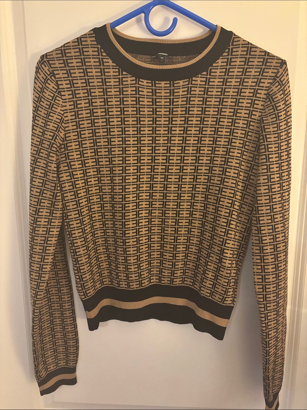 Express Tan and Black Geometric Crewneck Sweater